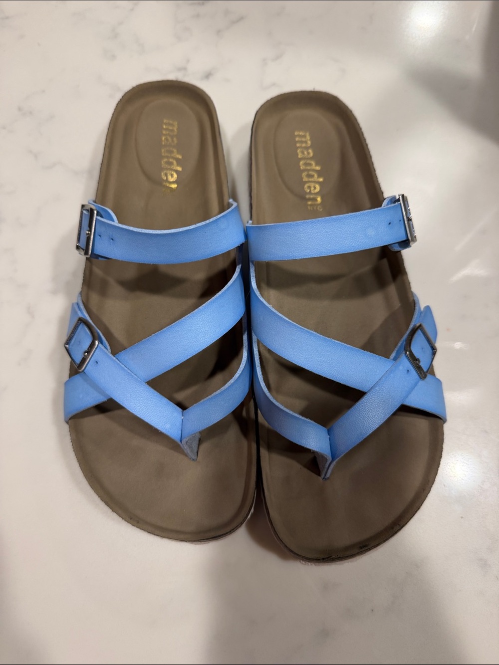 Madden Girl Light Blue Strappy Buckle Slide Sandals - Women's